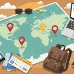 Flat-lay illustration of a world map with travel essentials—passport, laptop showing Google Flights, phone with Skyscanner, tickets, and location pins—symbolizing the best travel deal sites in 2025.