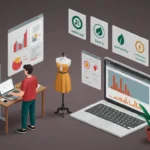 Illustration of a fashion merchandiser standing between clothing racks and mannequins, analyzing sales charts on a laptop with trend and sustainability icons in the background.