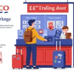 Traveler exchanging British pounds for euros and dollars at a Tesco Travel Money counter, with suitcase and prepaid card.