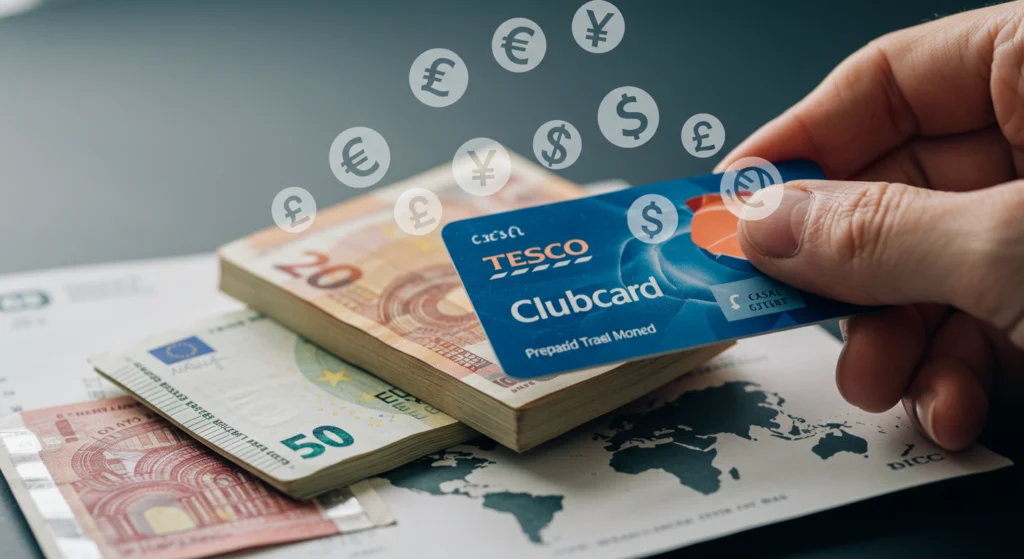 Stack of euros, dollars, and yen on top of a Tesco Clubcard, symbolizing foreign exchange savings.