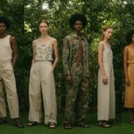 Diverse models wearing sustainable fashion brands made from eco-friendly fabrics in a modern urban setting.
