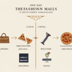 Chic infographic of a one-day shopping itinerary at The Fashion Mall at Keystone in Indianapolis, featuring a timeline from morning coffee, luxury shopping at Louis Vuitton and Tiffany & Co., lunch at Napolese Pizzeria, home décor and fitness stops at Crate & Barrel and Peloton, and ending with cocktails and fine dining at Ocean Prime. Elegant neutral colors with gold accents, modern icons, and luxury-inspired design.