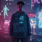 Gen Z model in a cyberpunk city wearing hybrid streetwear and glowing digital AR fashion with neon billboards displaying AI-designed runway looks.”