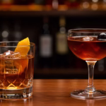 “Old Fashioned and Manhattan cocktails side by side on a wooden bar — Old Fashioned with orange peel and ice cube, Manhattan in a coupe glass with cherry garnish.”